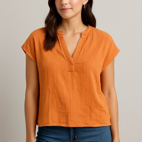 Lush Tangerine Textured Cotton V-Neck Blouse - Picture 1 of 5